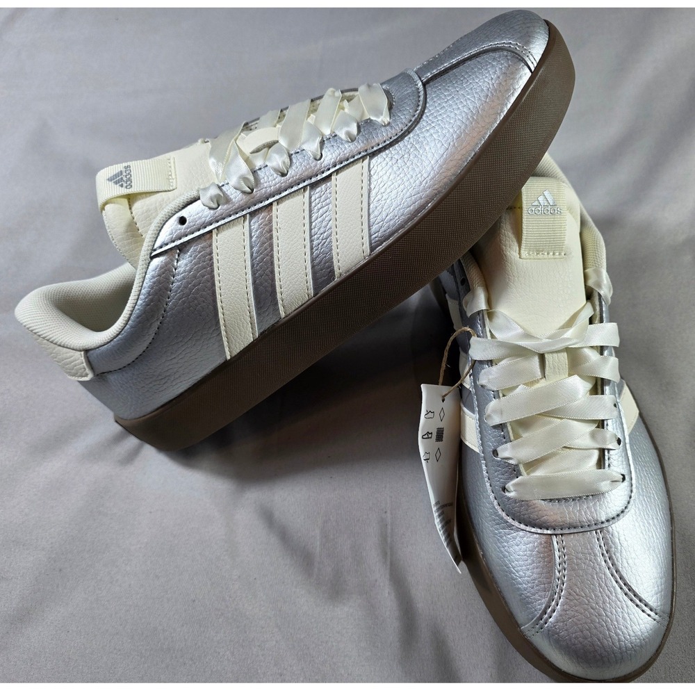 Adidas VL Court 3.0 Sneakers Women 8.5 Metallic Silver JQ7315 Gum Sole NWOB